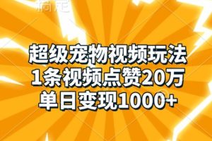 超级宠物视频玩法，1条视频点赞20万，单日变现1k